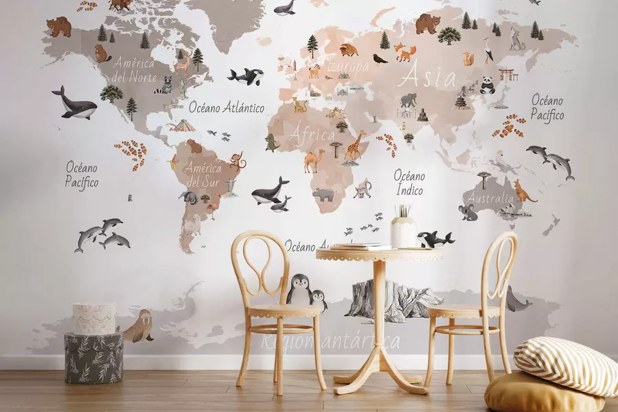 murales de pared Un mapa en tonos beige, con un estilo de acuarela, en el que aparecen animales, plantas y elementos arquitectónicos. Rótulos en español c00009esv3