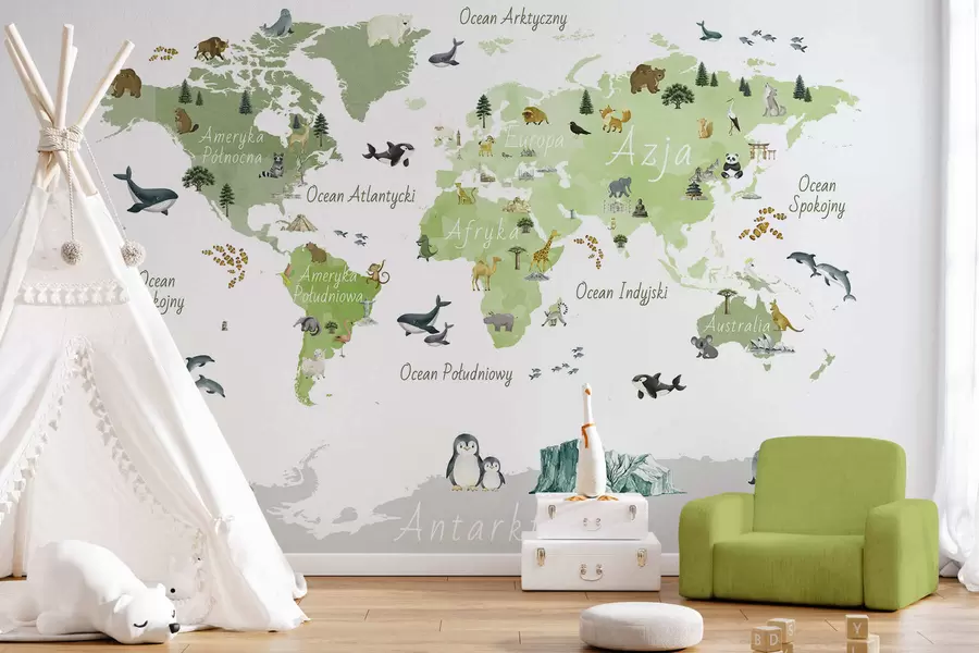 murales de pared Un mapa de Green en estilo acuarela con animales, plantas y arquitectura. Etiquetas en polaco c00009plv2
