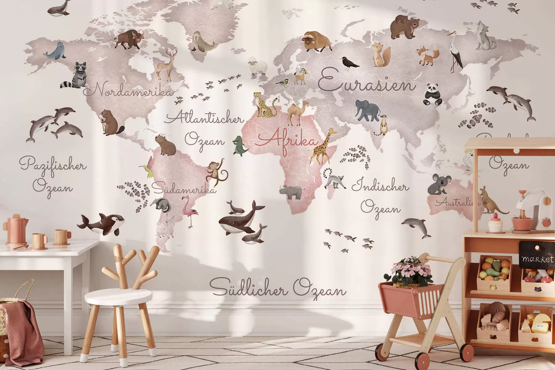 murales de pared Un mapa en tonos beige, con un estilo de acuarela, en el que aparecen animales. Rótulos en alemán c00012dev3