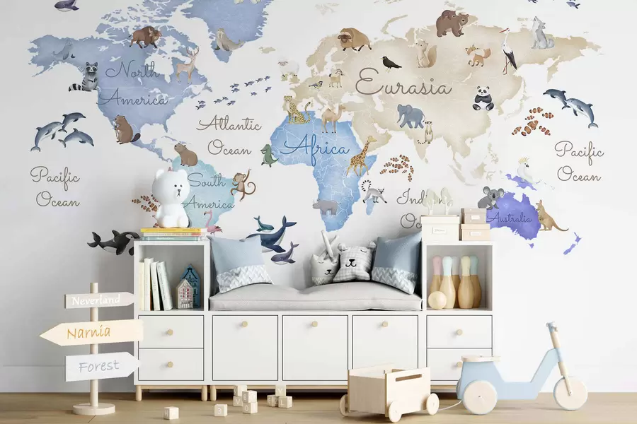murales de pared Un mapa azul con estilo de acuarela en el que aparecen animales. Etiquetas en inglés c00012env1