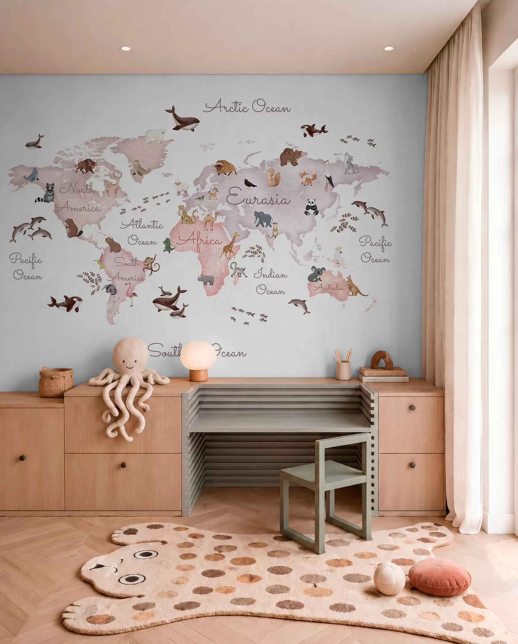 murales de pared Mapa fauna beige en inglés c00012env3