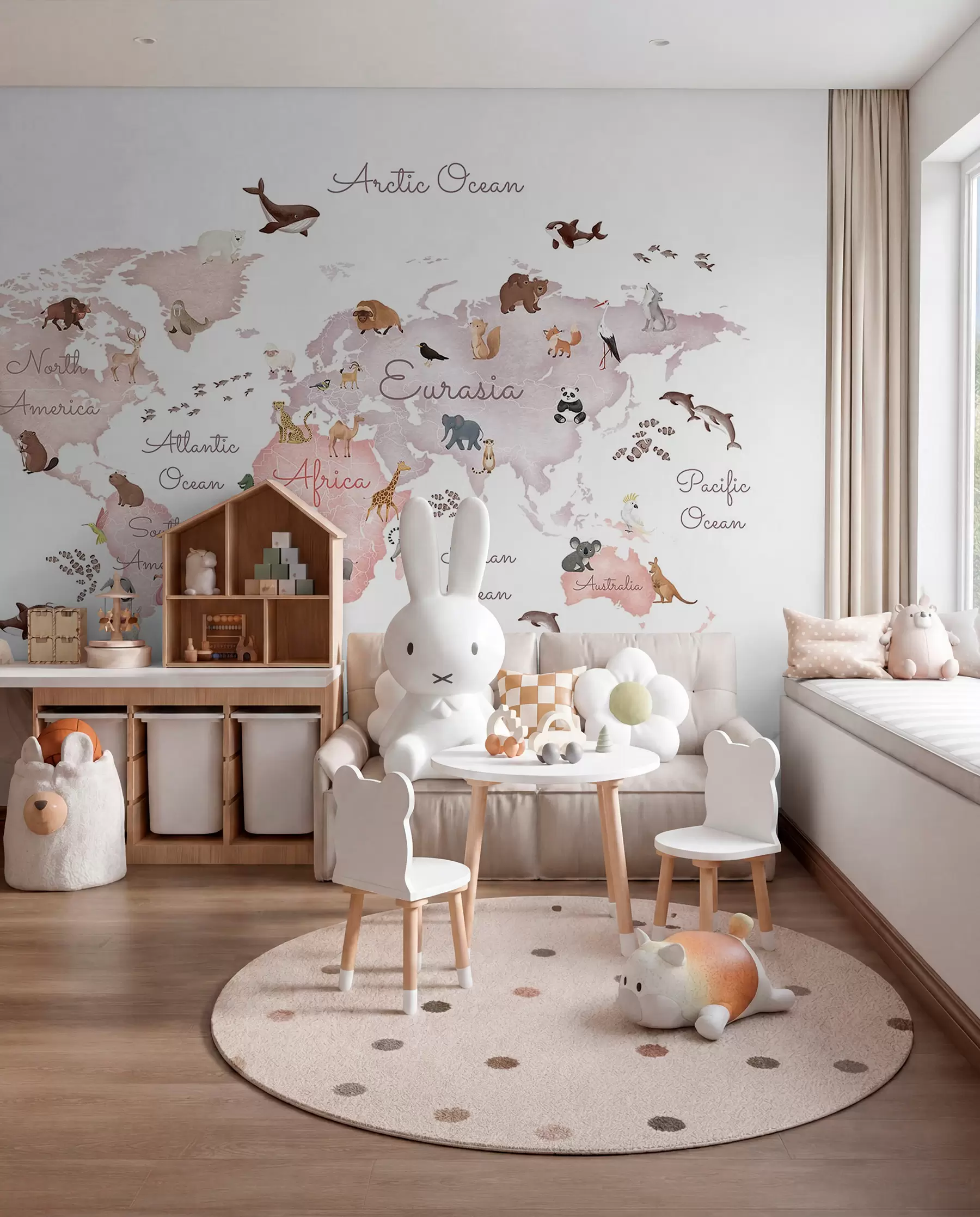 murales de pared Mapa fauna beige en inglés c00012env3
