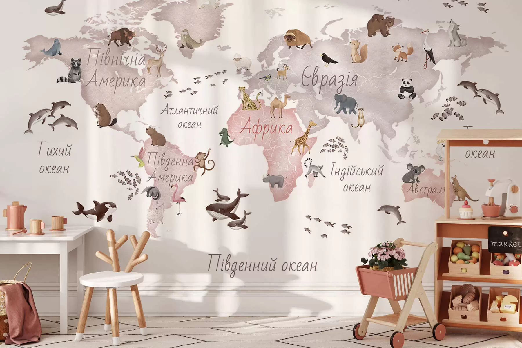 murales de pared Un mapa en tonos beige, con un estilo de acuarela, en el que aparecen animales. Rótulos en ucraniano c00012ukv3