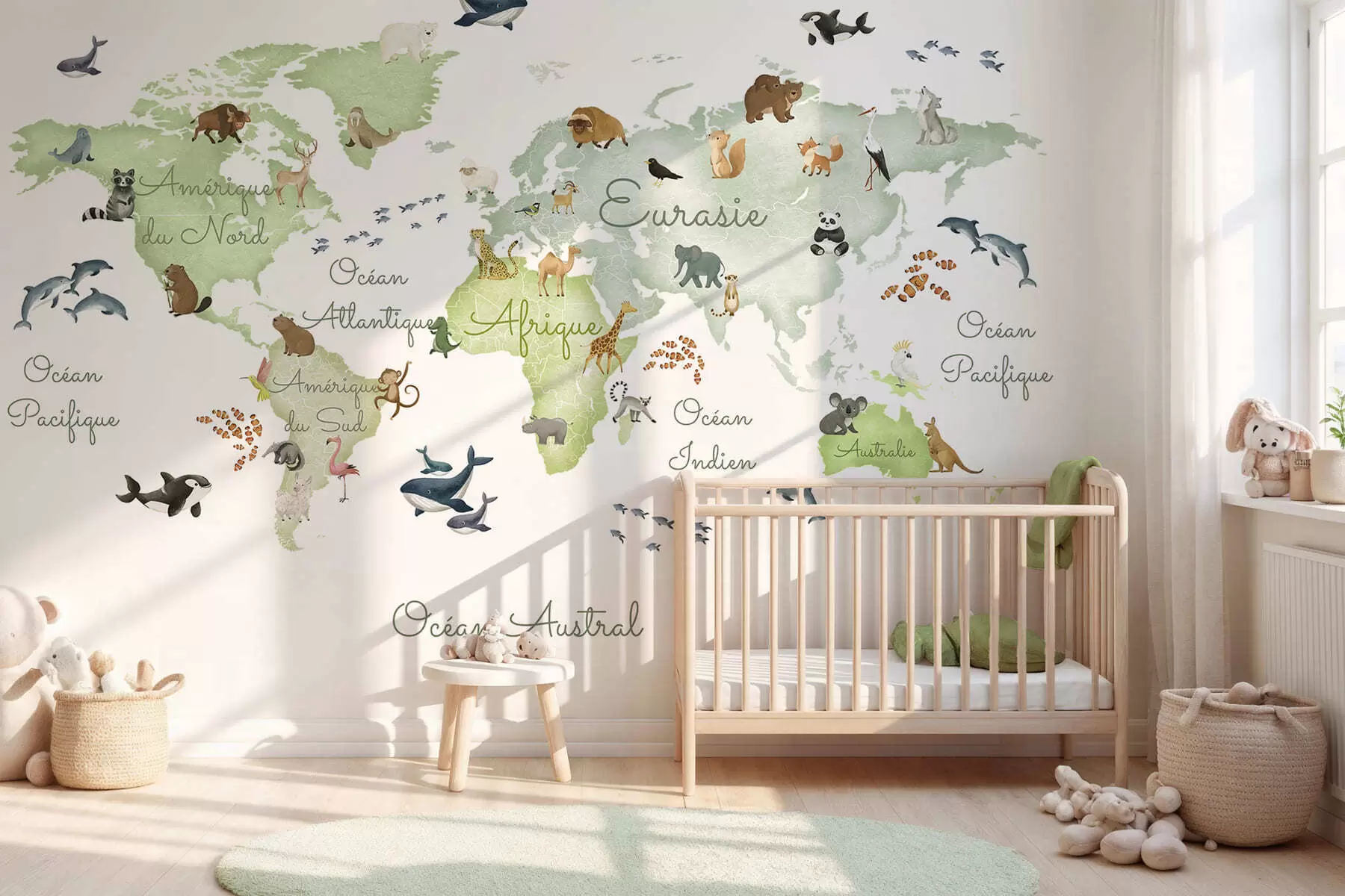 murales de pared Un mapa verde de estilo acuarela con animales. Etiquetas en francés c00012frv2