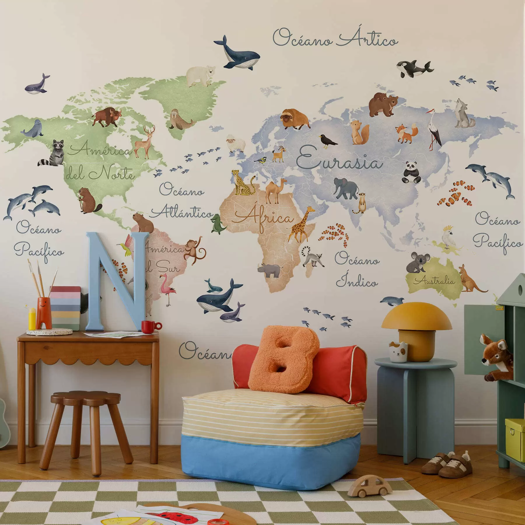 murales de pared Un mapa a color con animales, en estilo acuarela. Etiquetas en español c00012es