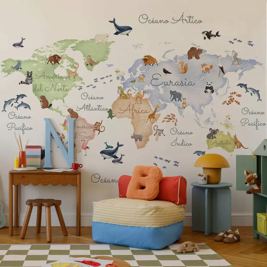 murales de pared Un mapa a color con animales, en estilo acuarela. Etiquetas en español c00012es
