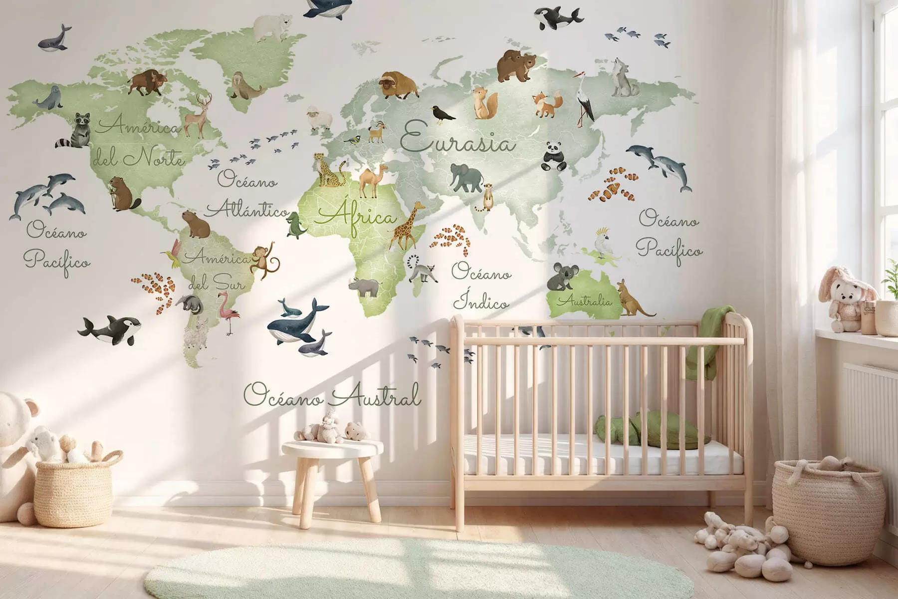 murales de pared Un mapa verde con estilo de acuarela en el que aparecen animales. Etiquetas en español c00012esv2