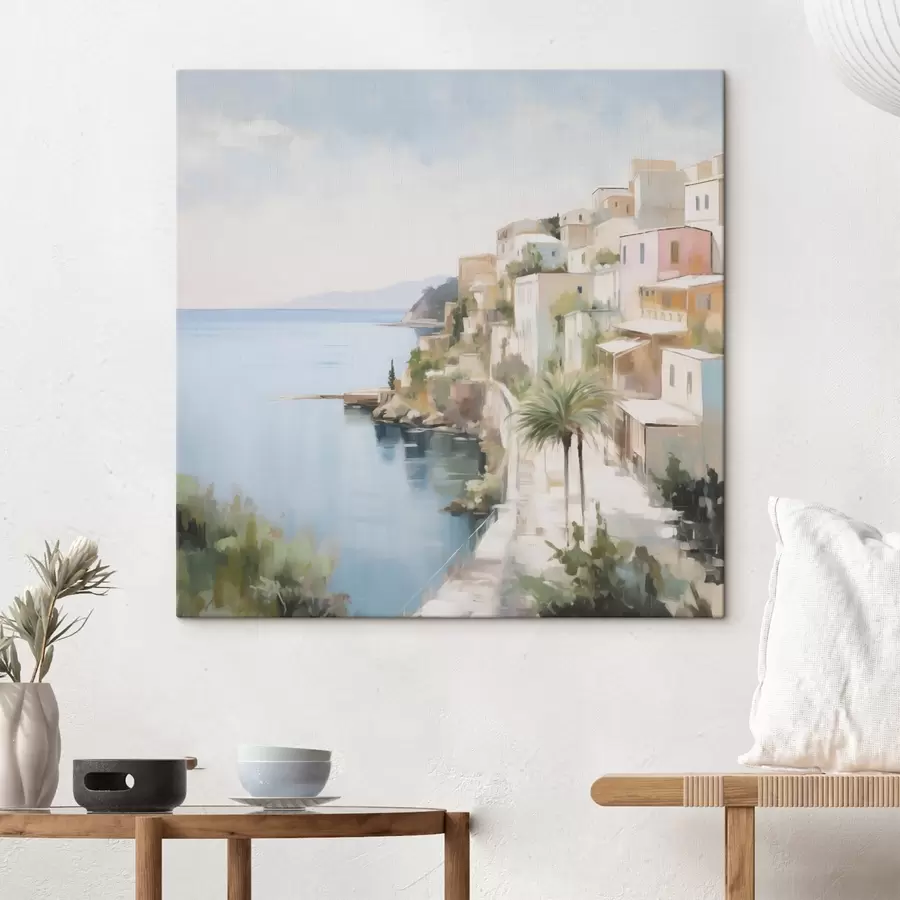 murales de pared Paisaje de una ciudad junto al mar, imitación de un cuadro s48674