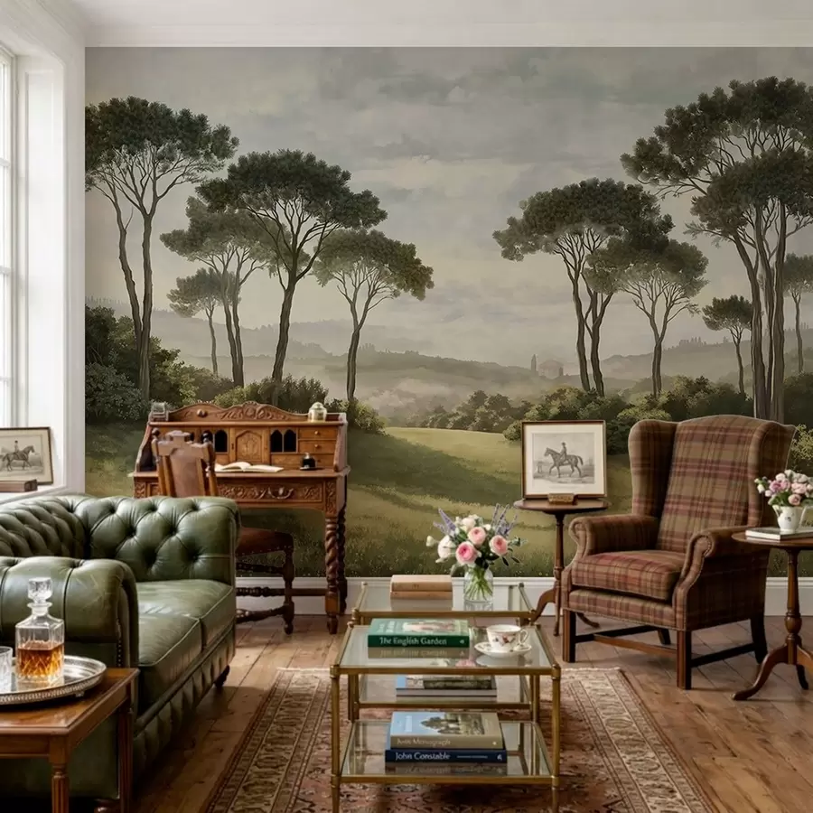 murales de pared Paisaje con árboles, pradera y neblina en la lejanía w05122v1