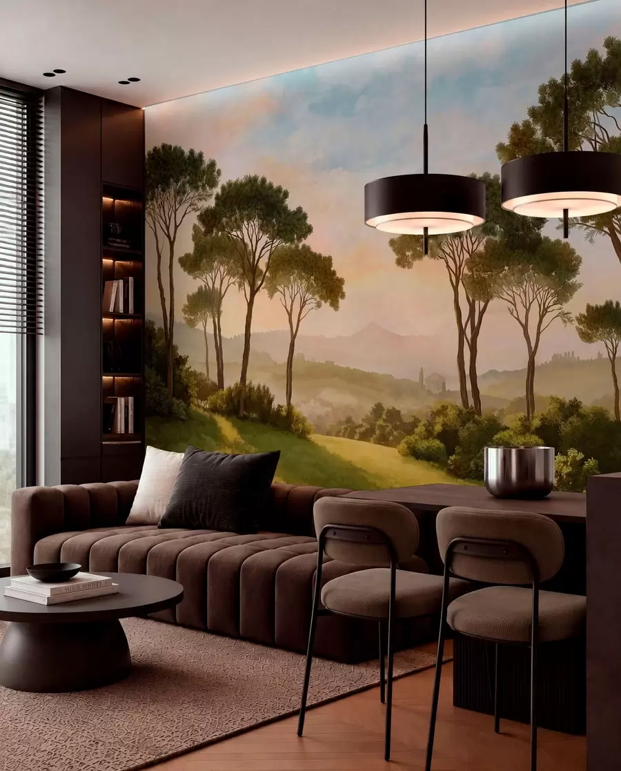 murales de pared Paisaje con árboles bajo la cálida luz del atardecer w05122
