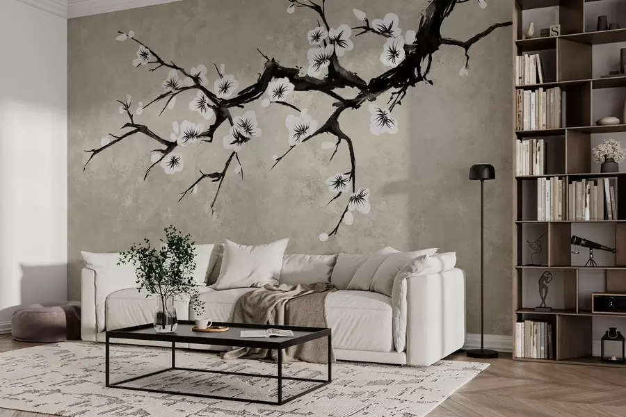 murales de pared Rama con flores blancas en estilo minimalista w05425