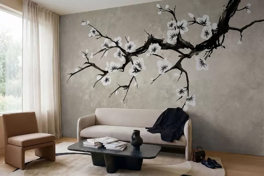 murales de pared Rama con flores blancas en estilo minimalista w05425