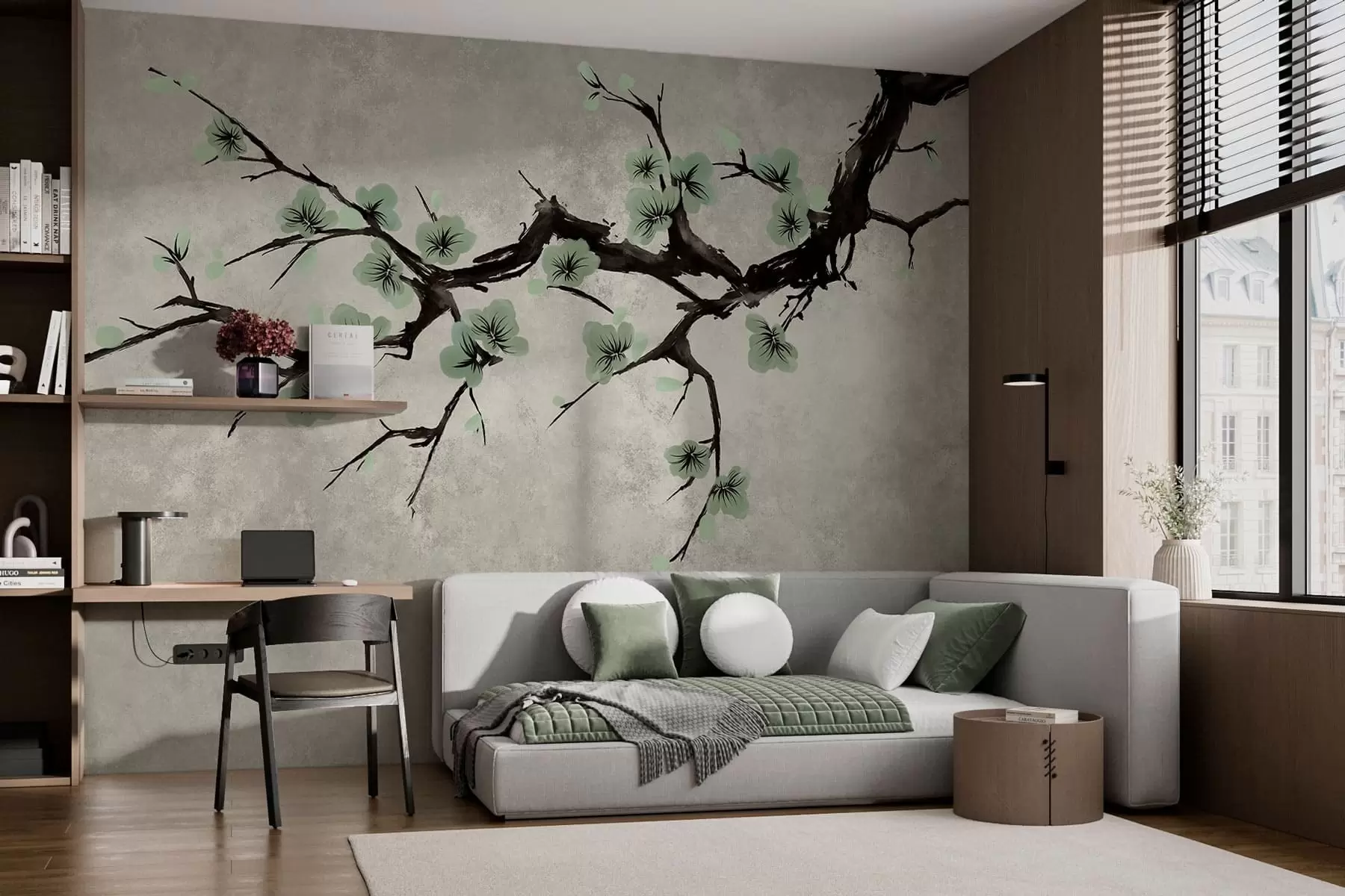 murales de pared Rama con flores verdes en tonos suaves w05425v2