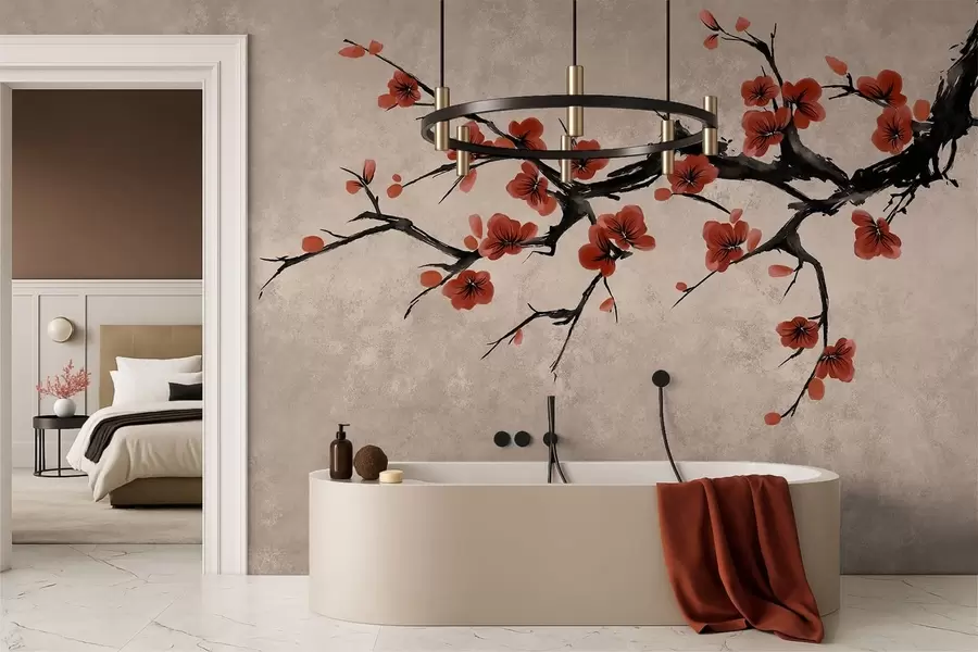 murales de pared Rama con flores de estilo oriental sobre fondo beige w05425v4