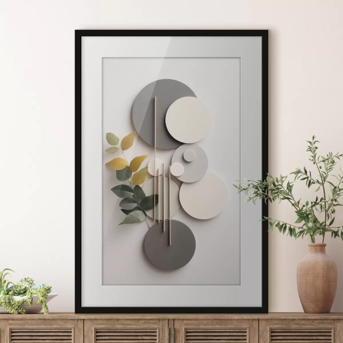 Poster Círculos geométricos con una rama de hojas verdes f48598
