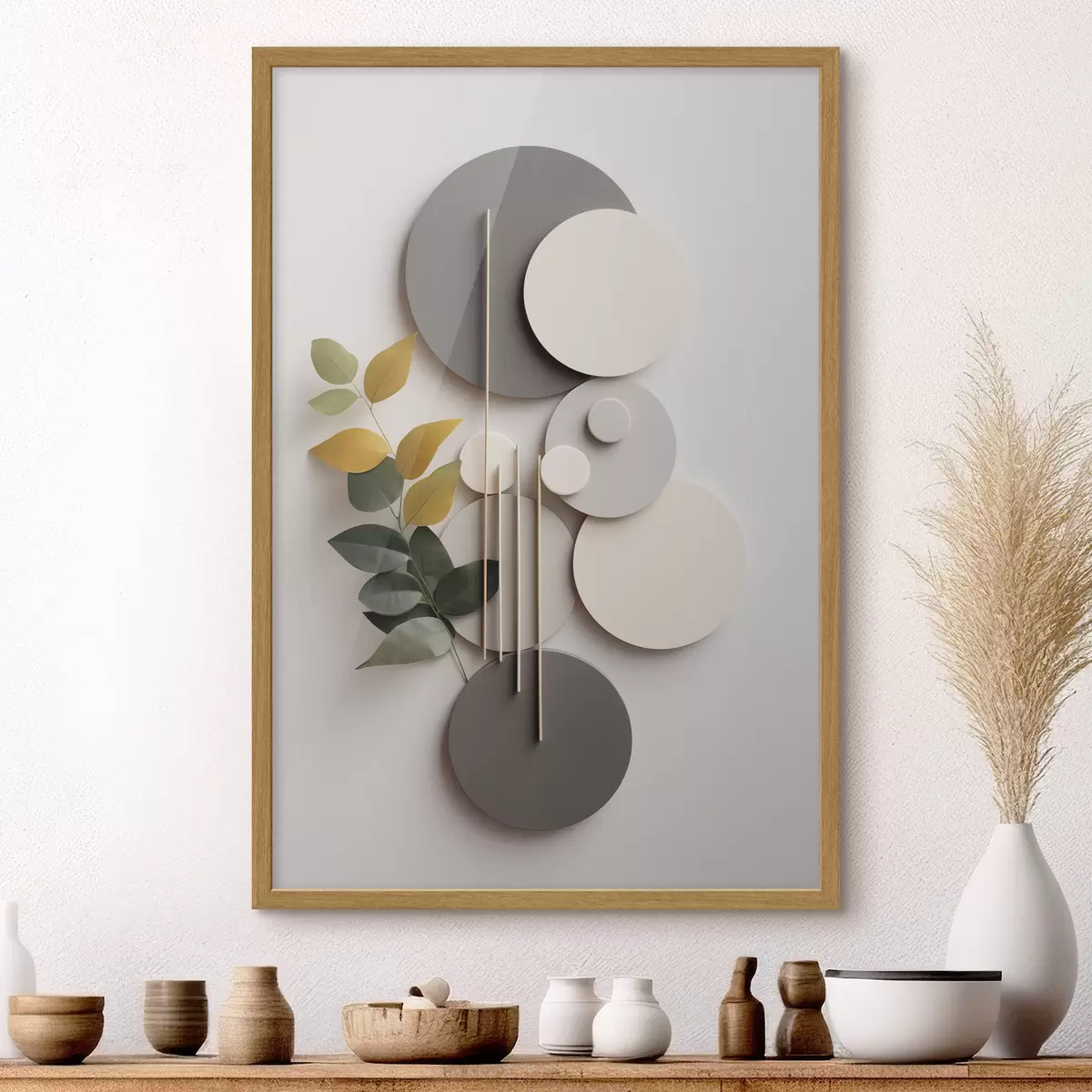Poster Círculos geométricos con una rama de hojas verdes f48598