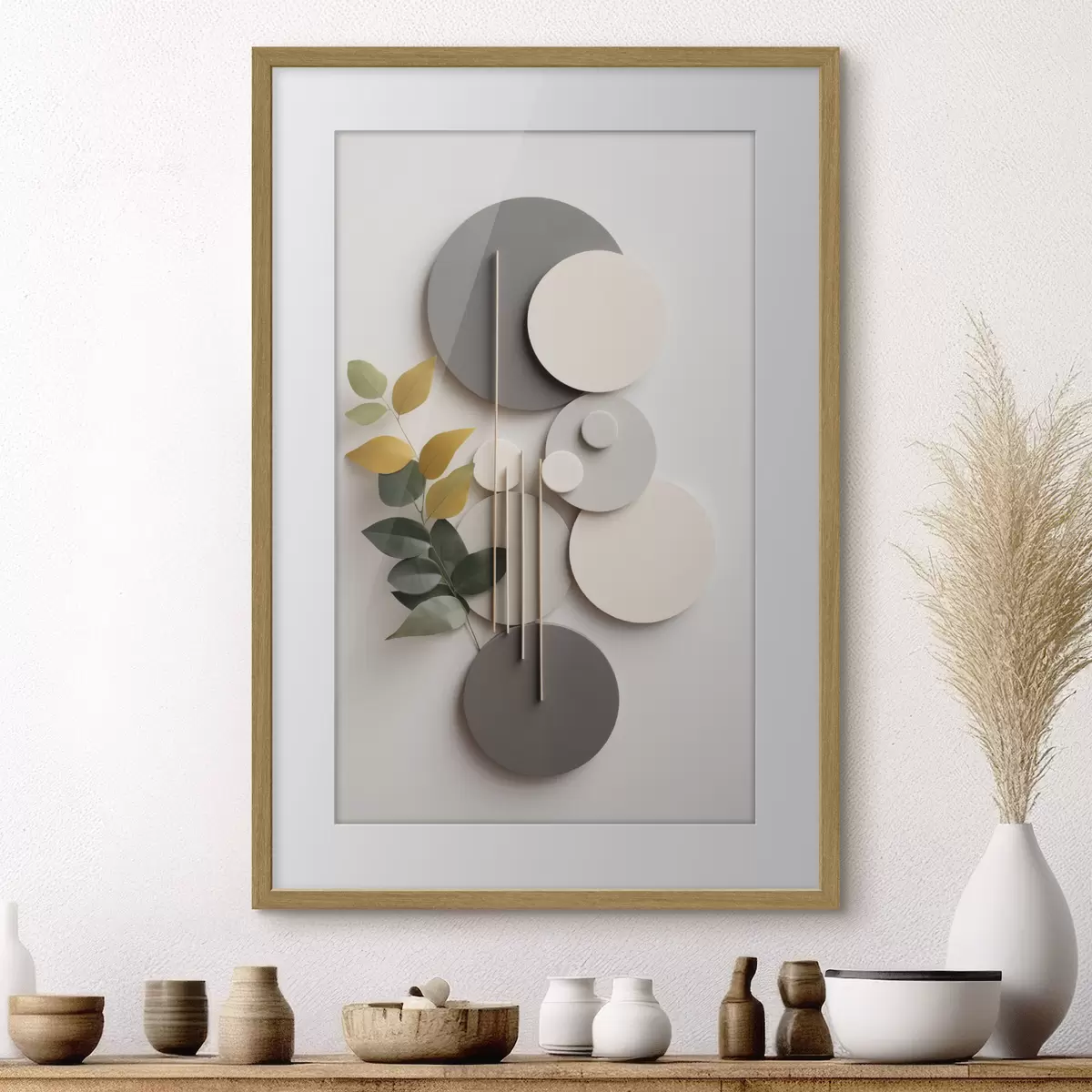 Poster Círculos geométricos con una rama de hojas verdes f48598