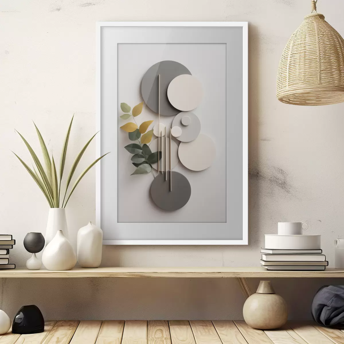 Poster Círculos geométricos con una rama de hojas verdes f48598