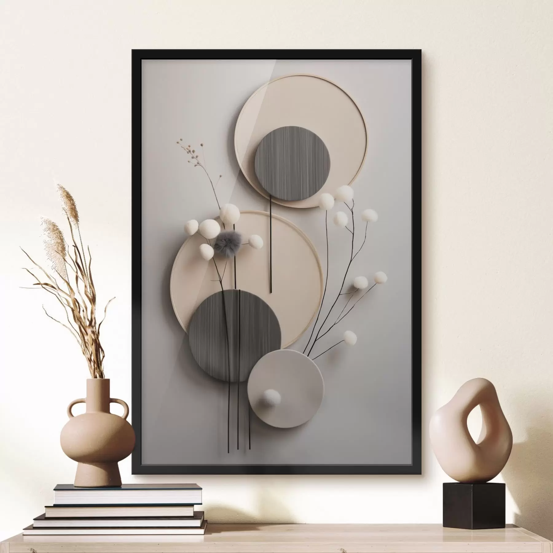 murales de pared Paneles redondos con ramitas secas y bolas mullidas f48601