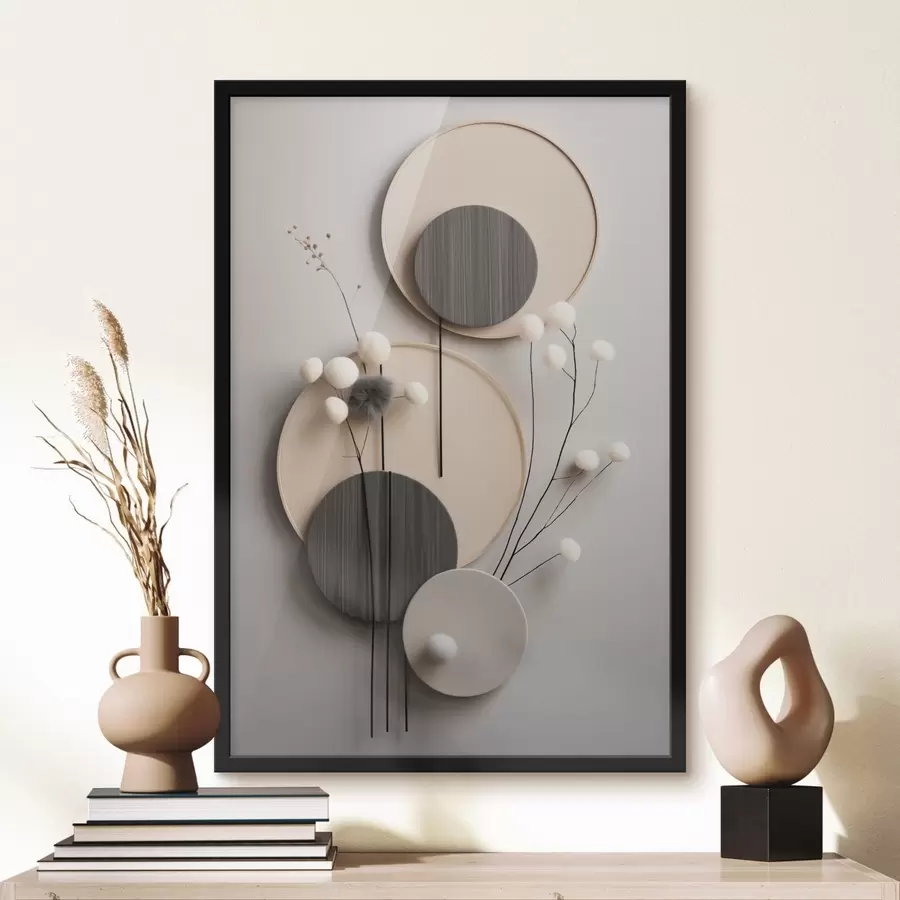 murales de pared Paneles redondos con ramitas secas y bolas mullidas f48601