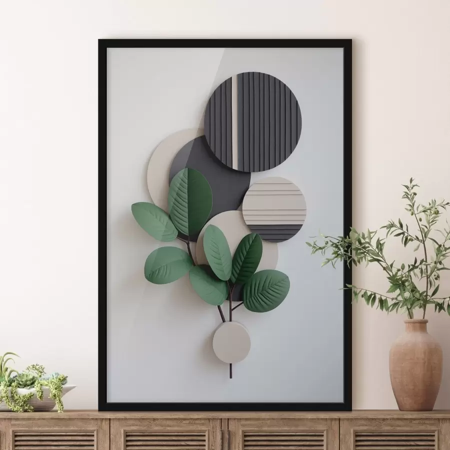 murales de pared Hojas verdes con elementos redondeados y texturados f48603