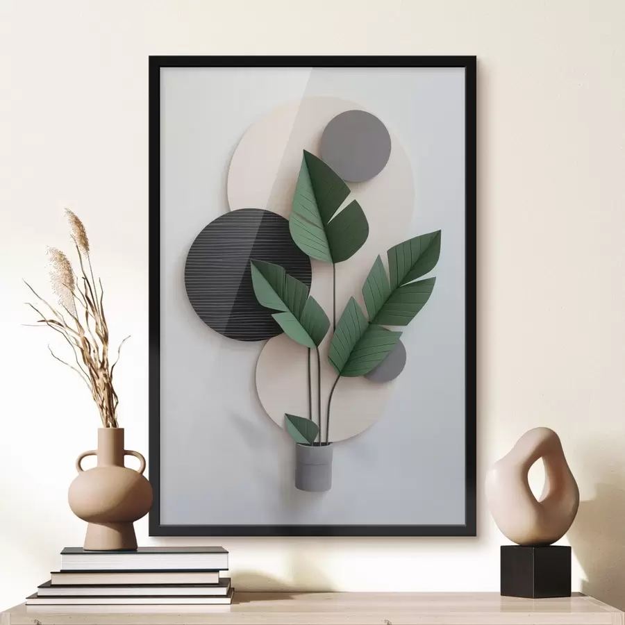 murales de pared Diseño minimalista con círculos geométricos y hojas verdes f48607