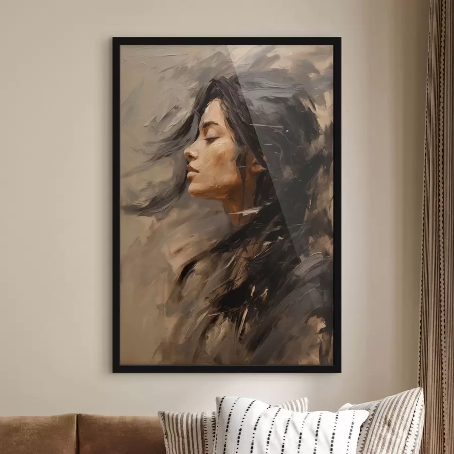 murales de pared Perfil femenino pintado con trazos artísticos y tonos cálidos f48621