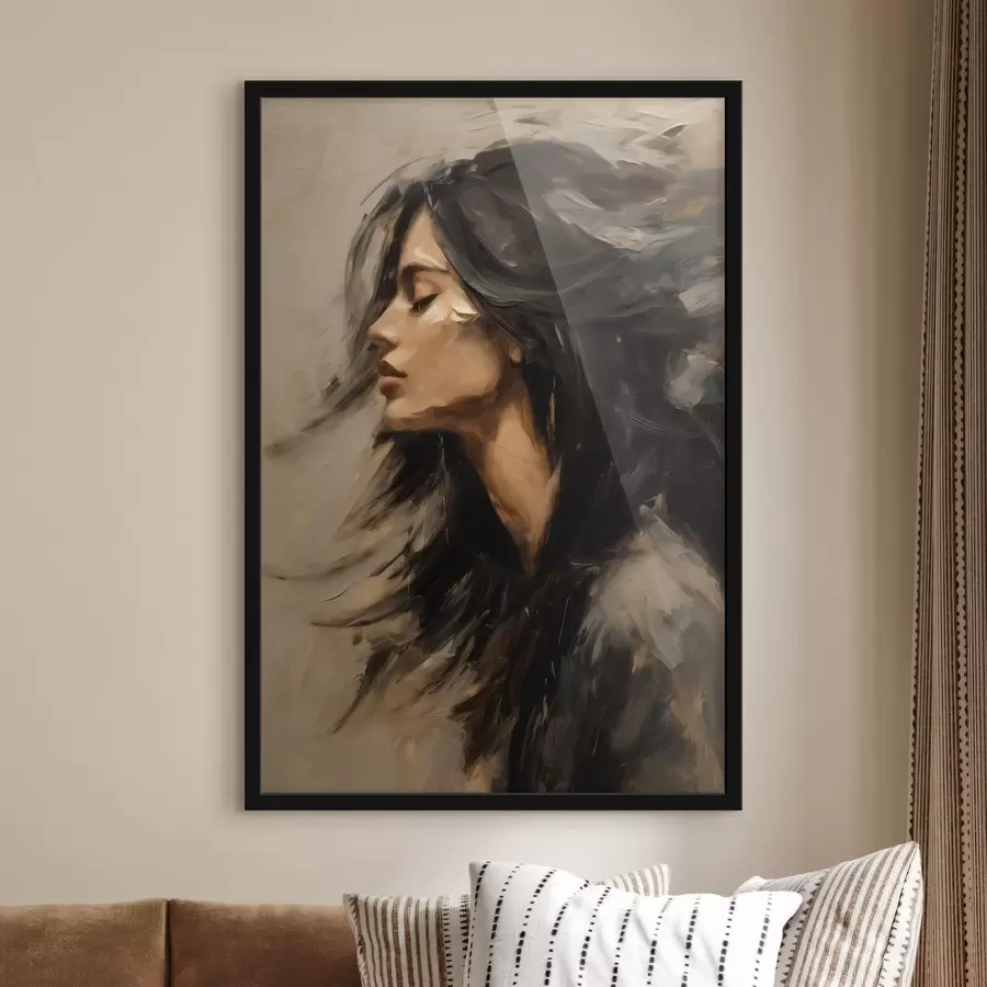 murales de pared Retrato de una mujer con el cabello suelto, en estilo pictórico f48622