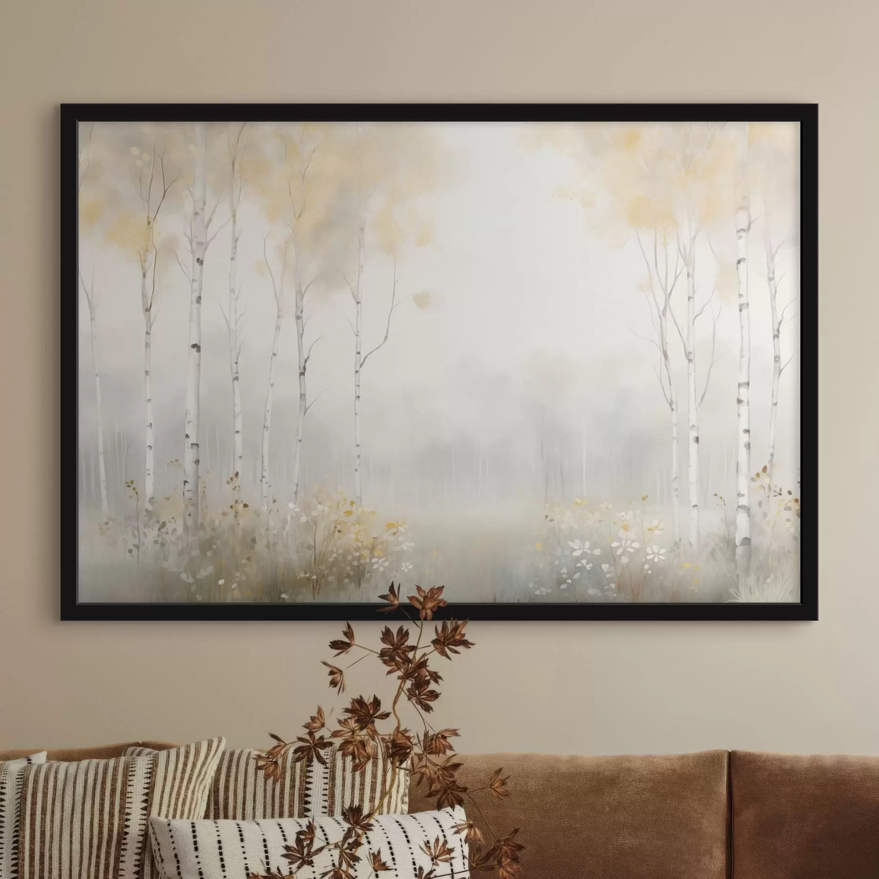 murales de pared Bosque de árboles esbeltos envueltos en niebla, con tonos claros y suaves f48623