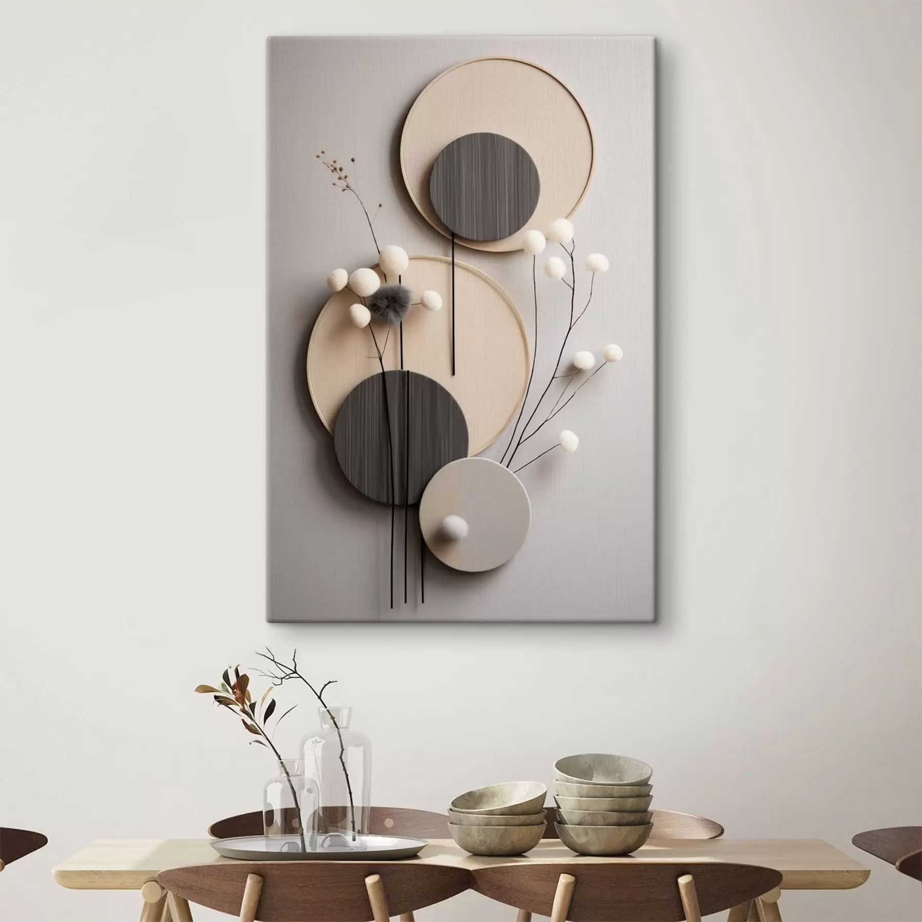 murales de pared Paneles redondos con ramitas secas y bolas mullidas s48601