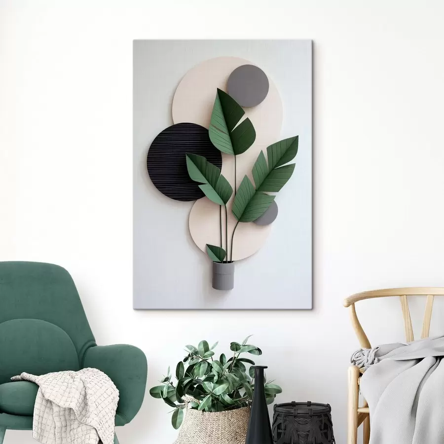murales de pared Diseño minimalista con círculos geométricos y hojas verdes s48607