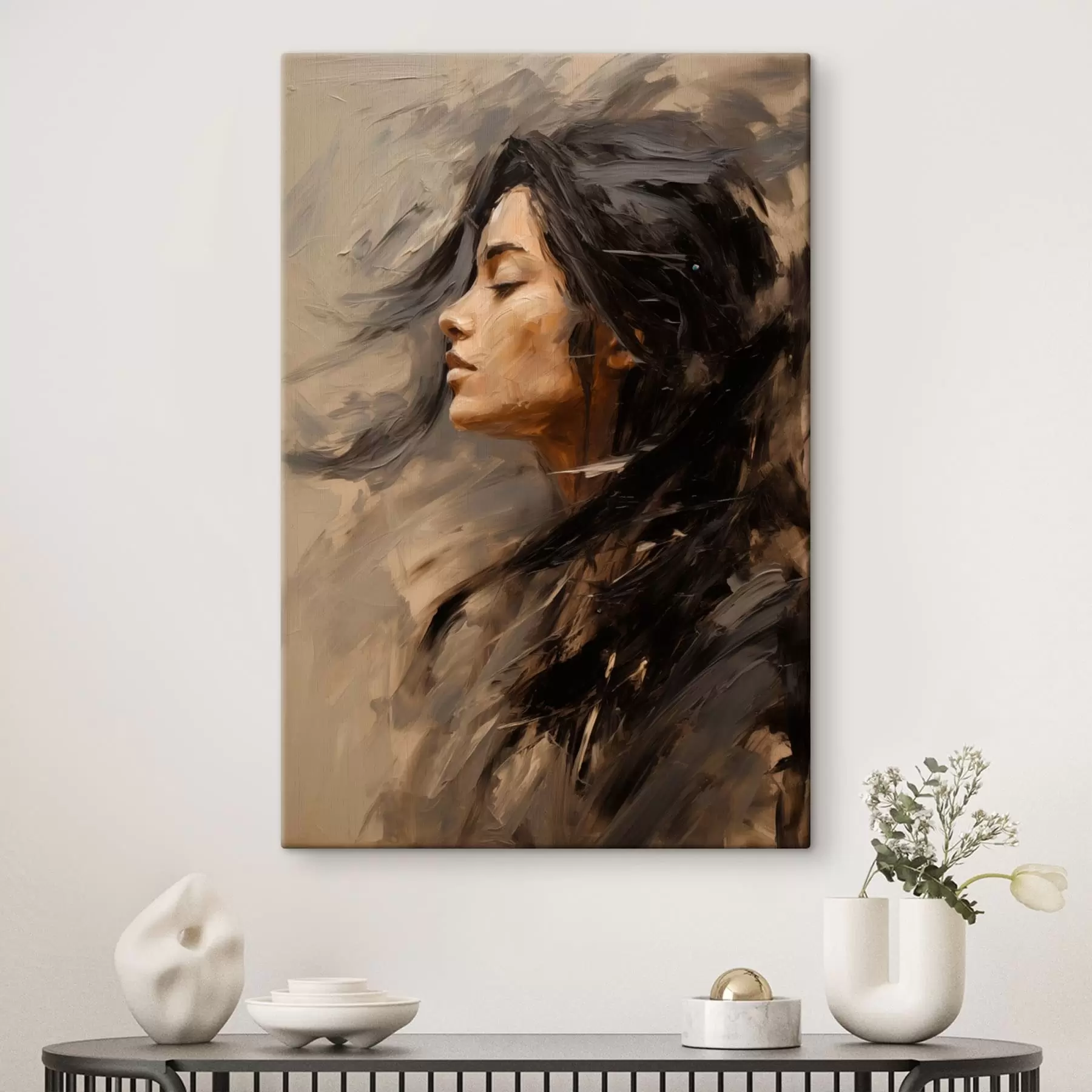 murales de pared Perfil femenino pintado con trazos artísticos y tonos cálidos s48621