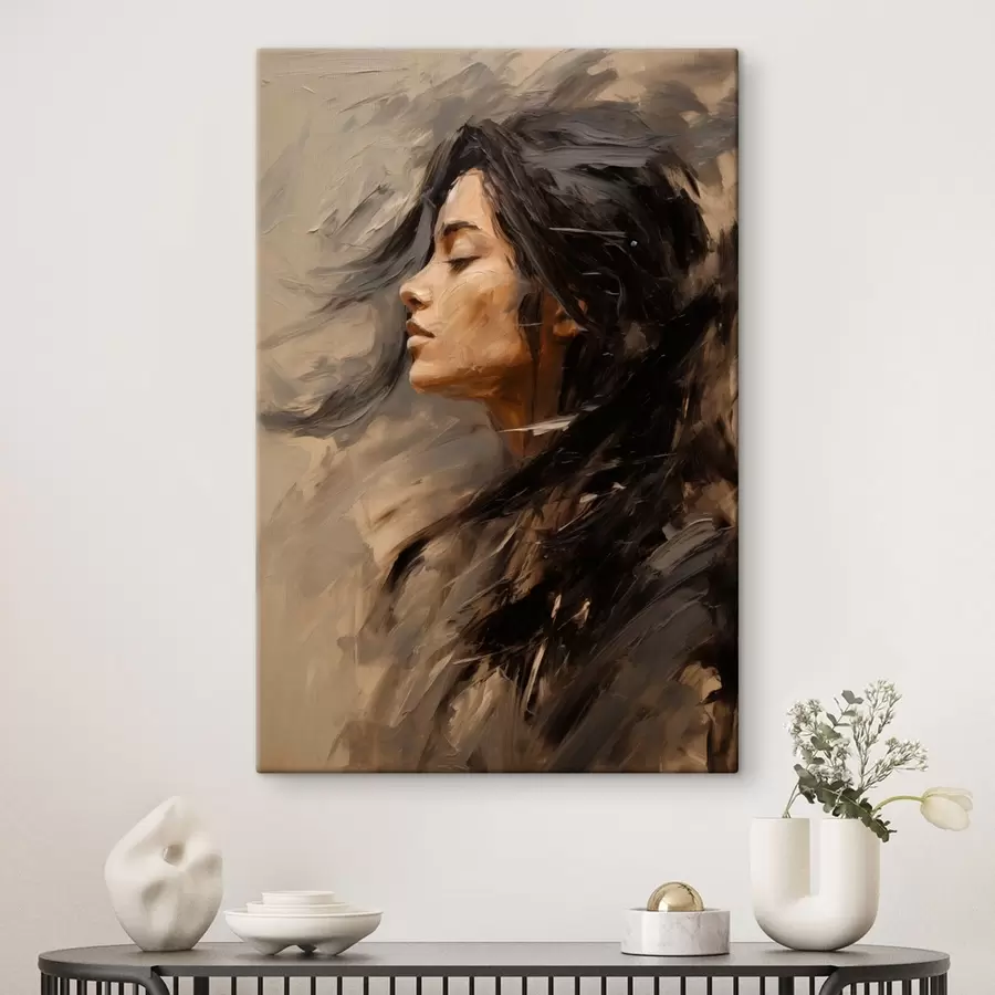 murales de pared Perfil femenino pintado con trazos artísticos y tonos cálidos s48621