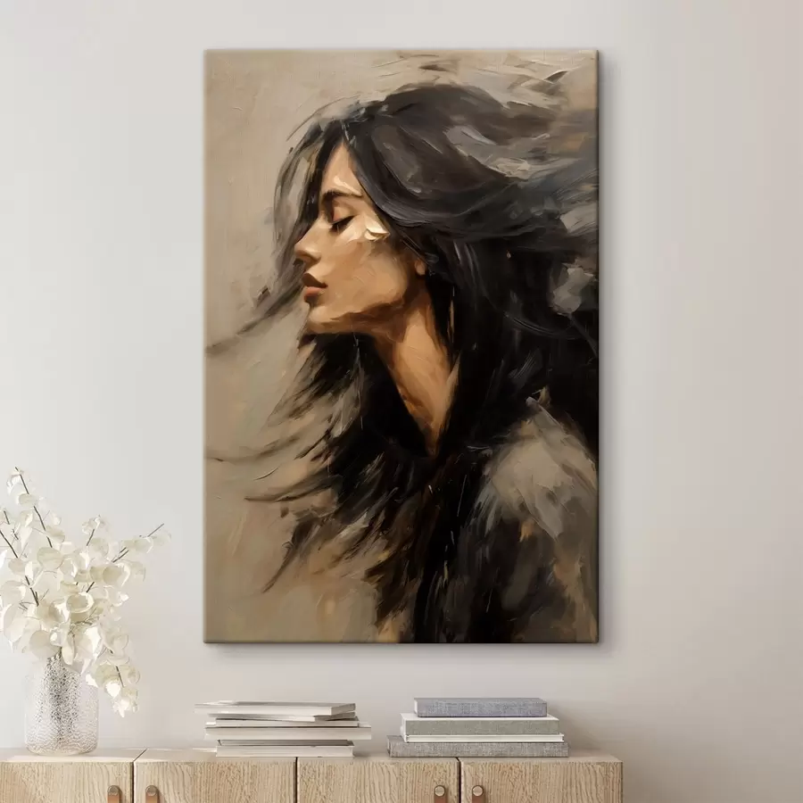 murales de pared Retrato de una mujer con el cabello suelto, en estilo pictórico s48622