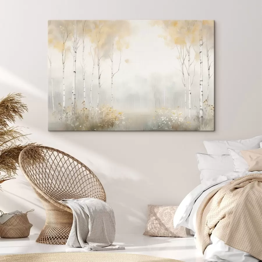 murales de pared Bosque de árboles esbeltos envueltos en niebla, con tonos claros y suaves s48623