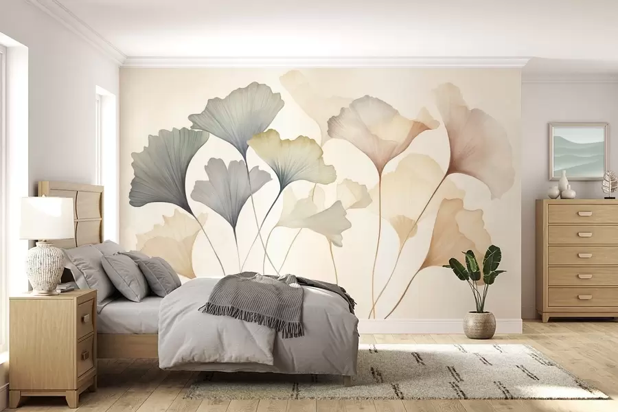 murales de pared Hoja de ginkgo abstracta en tonos pastel apagados, como el azul, el verde y el melocotón; obra de arte con textura w09810