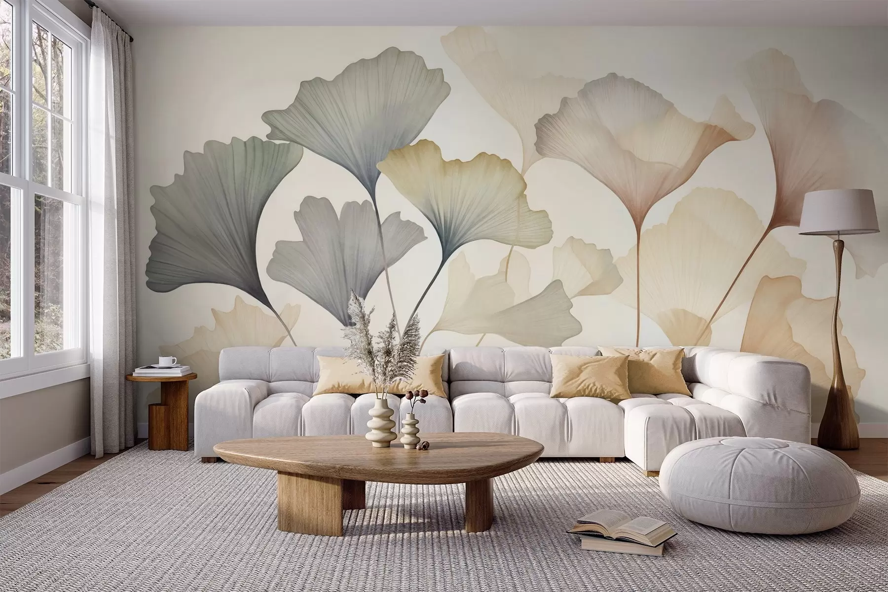 murales de pared Hoja de ginkgo abstracta en tonos pastel apagados, como el azul, el verde y el melocotón; obra de arte con textura w09810