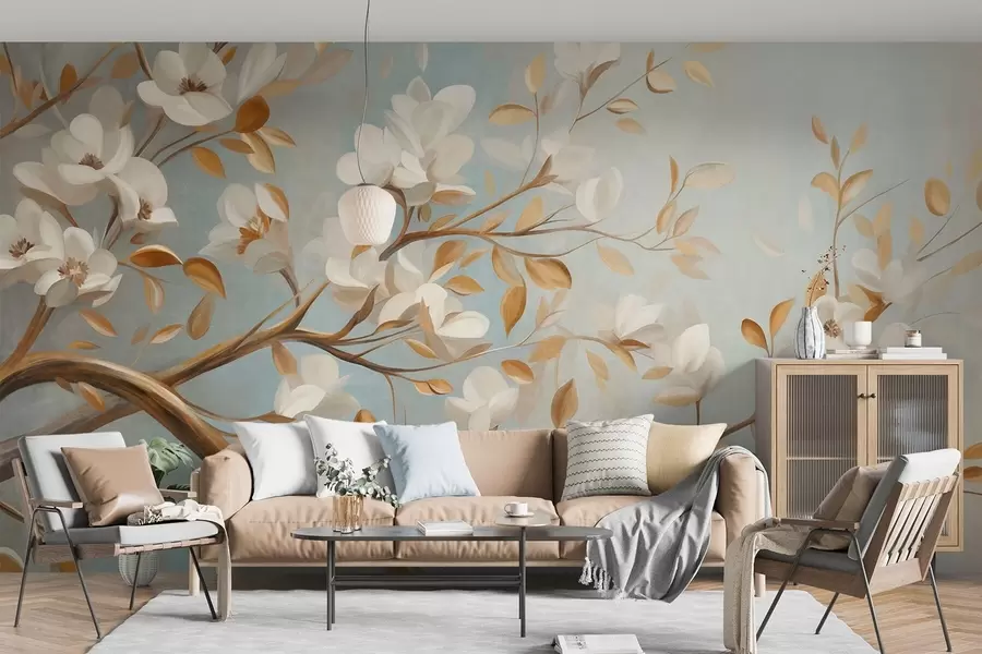 murales de pared Rama de árbol con textura, flores blancas y hojas amarillas, estilo vintage w09814