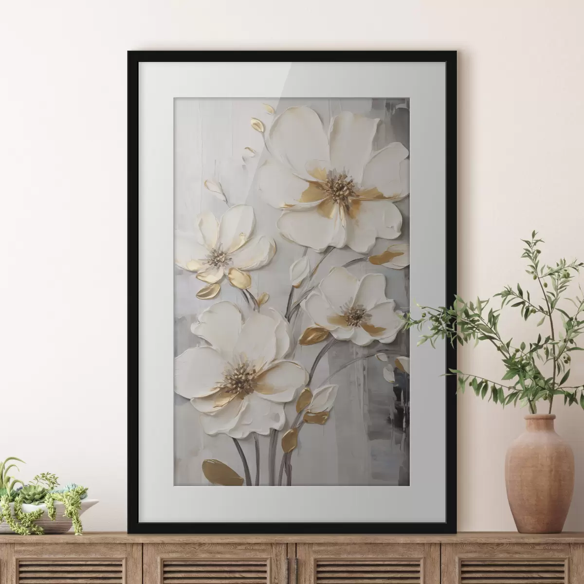 Poster Flores blancas con toques amarillos sobre un fondo texturizado f48721