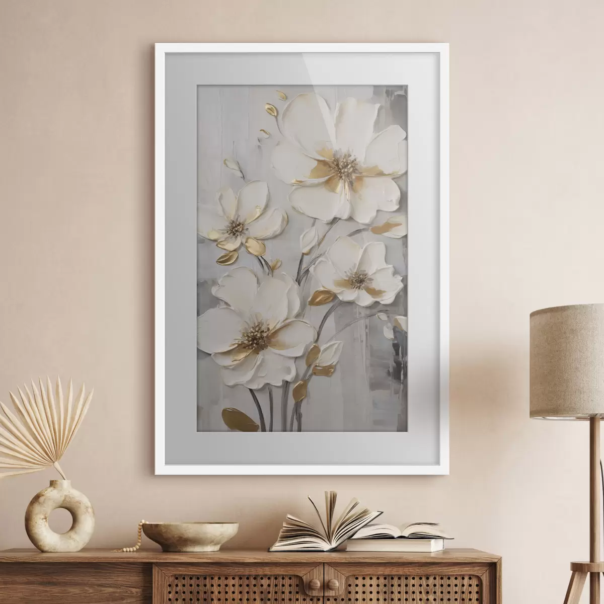Poster Flores blancas con toques amarillos sobre un fondo texturizado f48721