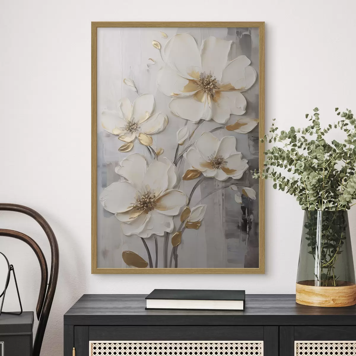 Poster Flores blancas con toques amarillos sobre un fondo texturizado f48721