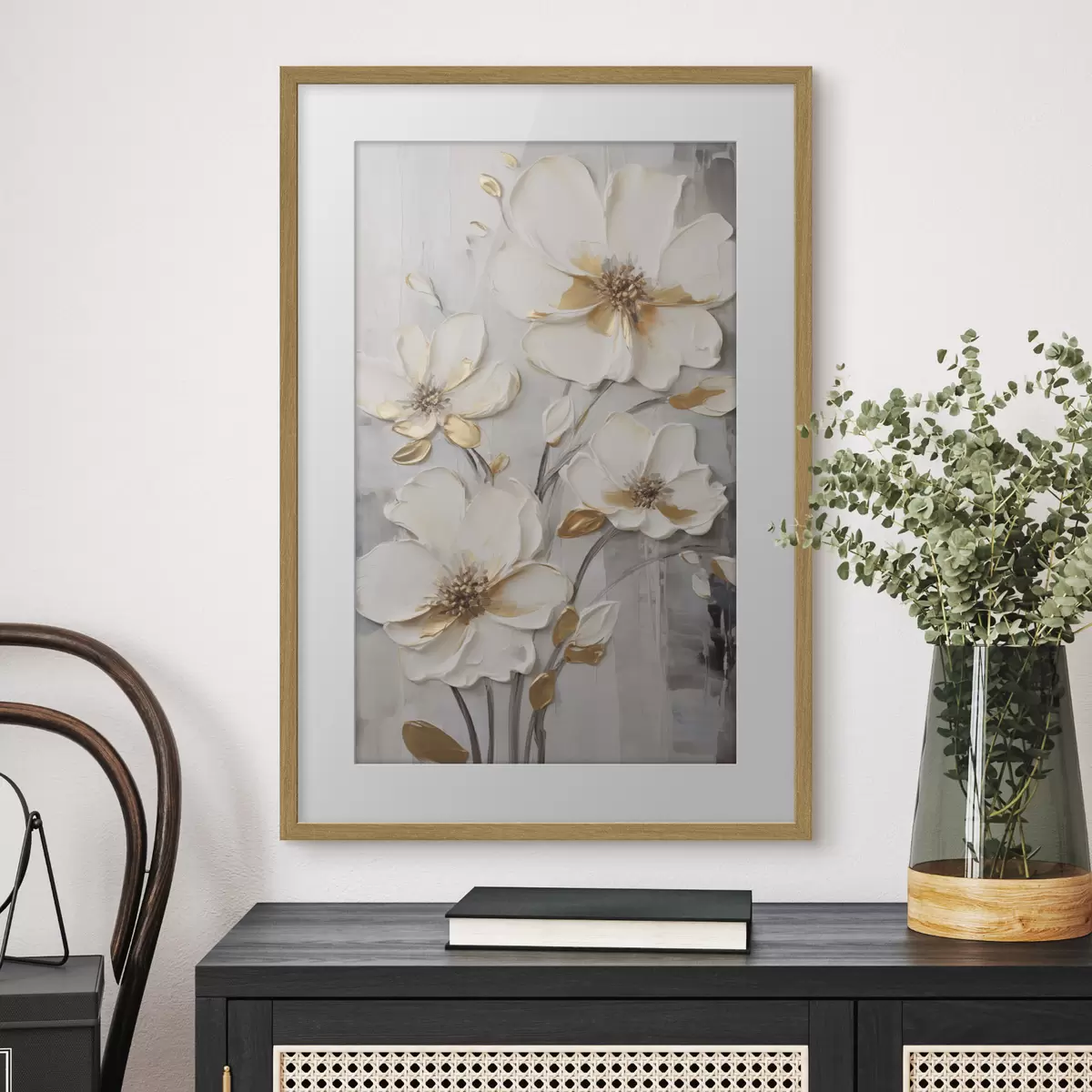 Poster Flores blancas con toques amarillos sobre un fondo texturizado f48721