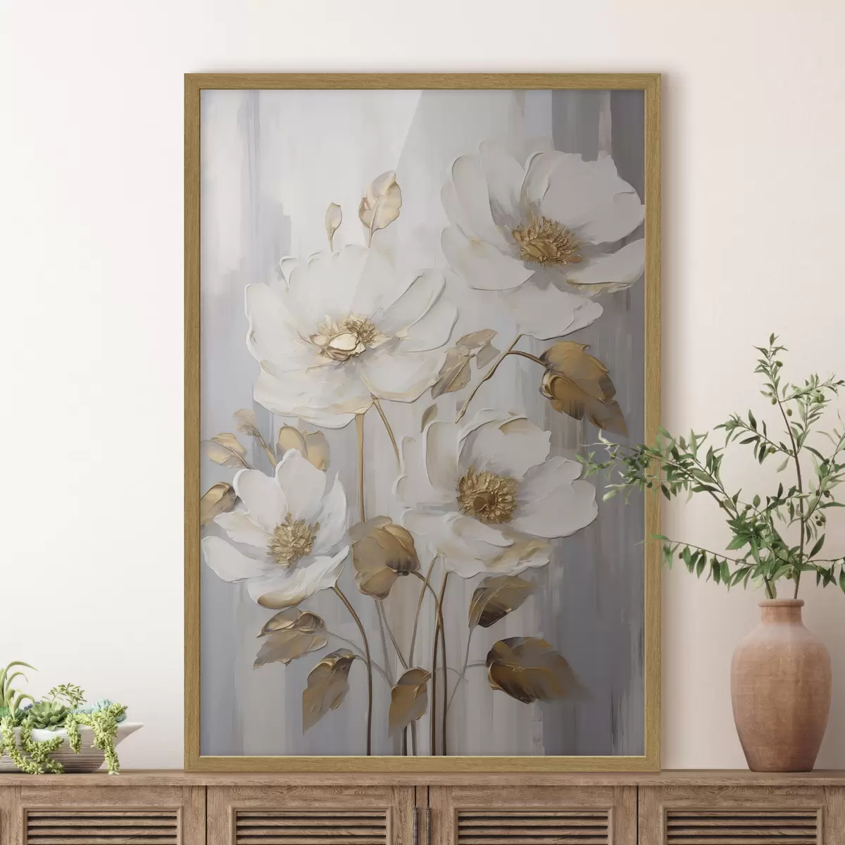 Poster Flores blancas con toques amarillos sobre un fondo texturizado f48722