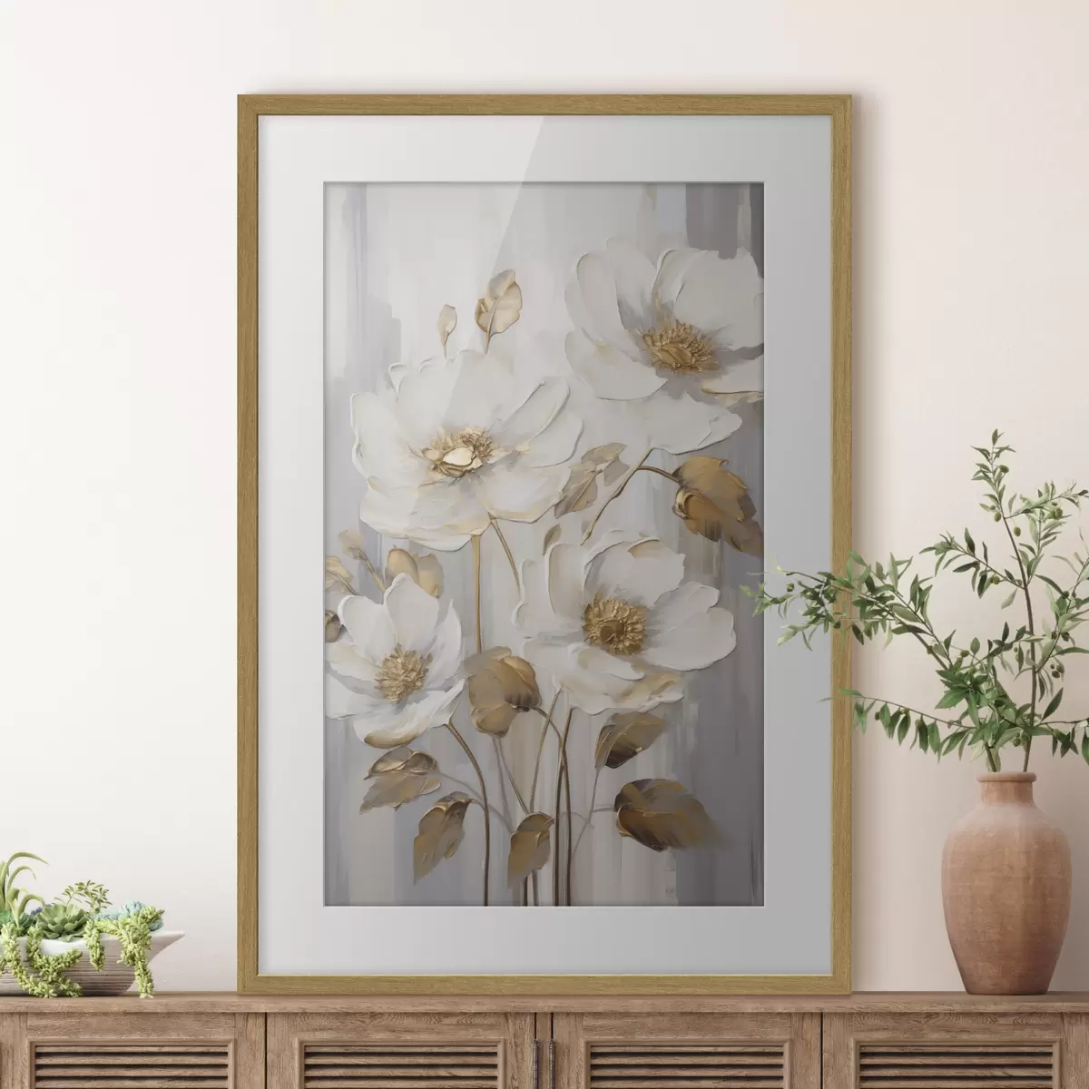 Poster Flores blancas con toques amarillos sobre un fondo texturizado f48722