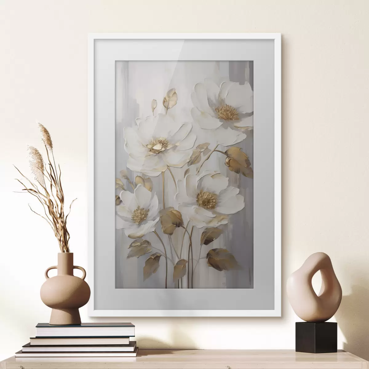 Poster Flores blancas con toques amarillos sobre un fondo texturizado f48722