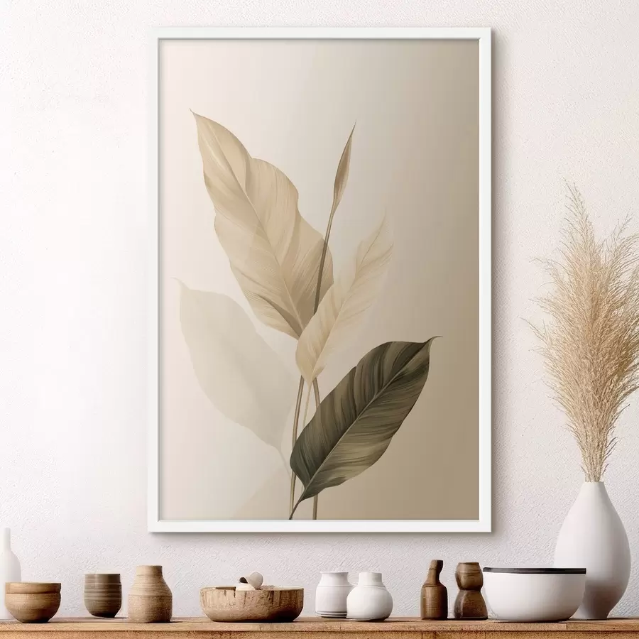 murales de pared Hojas tropicales grandes en tonos beige y marrón, sobre un fondo claro f48725