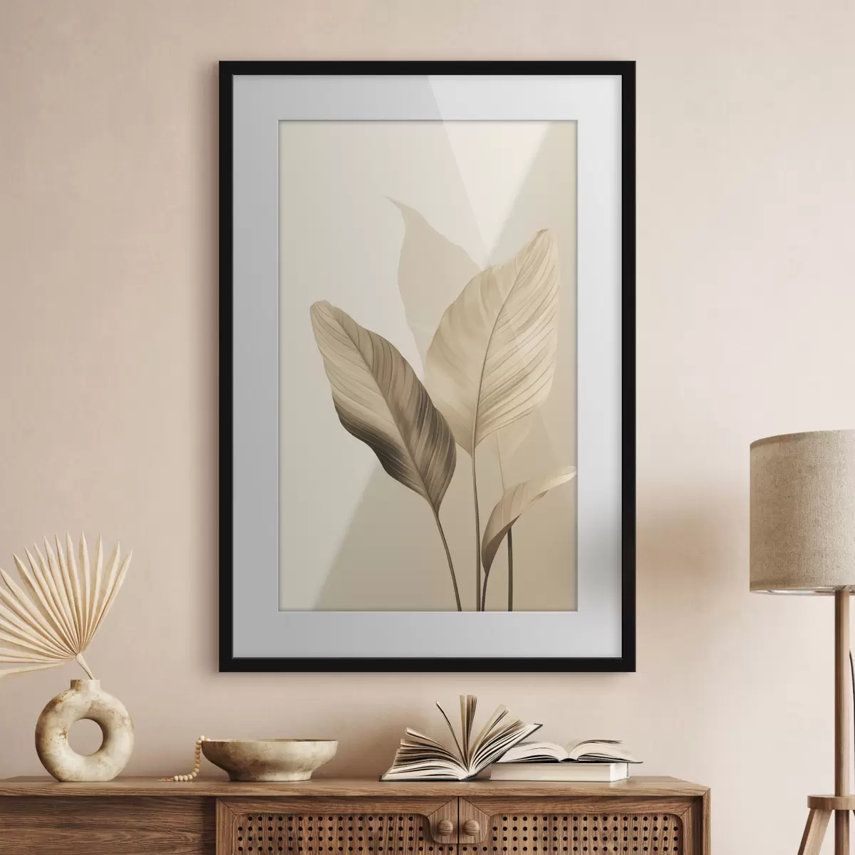 Poster Hojas tropicales grandes en tonos beige y marrón, sobre un fondo claro f48726