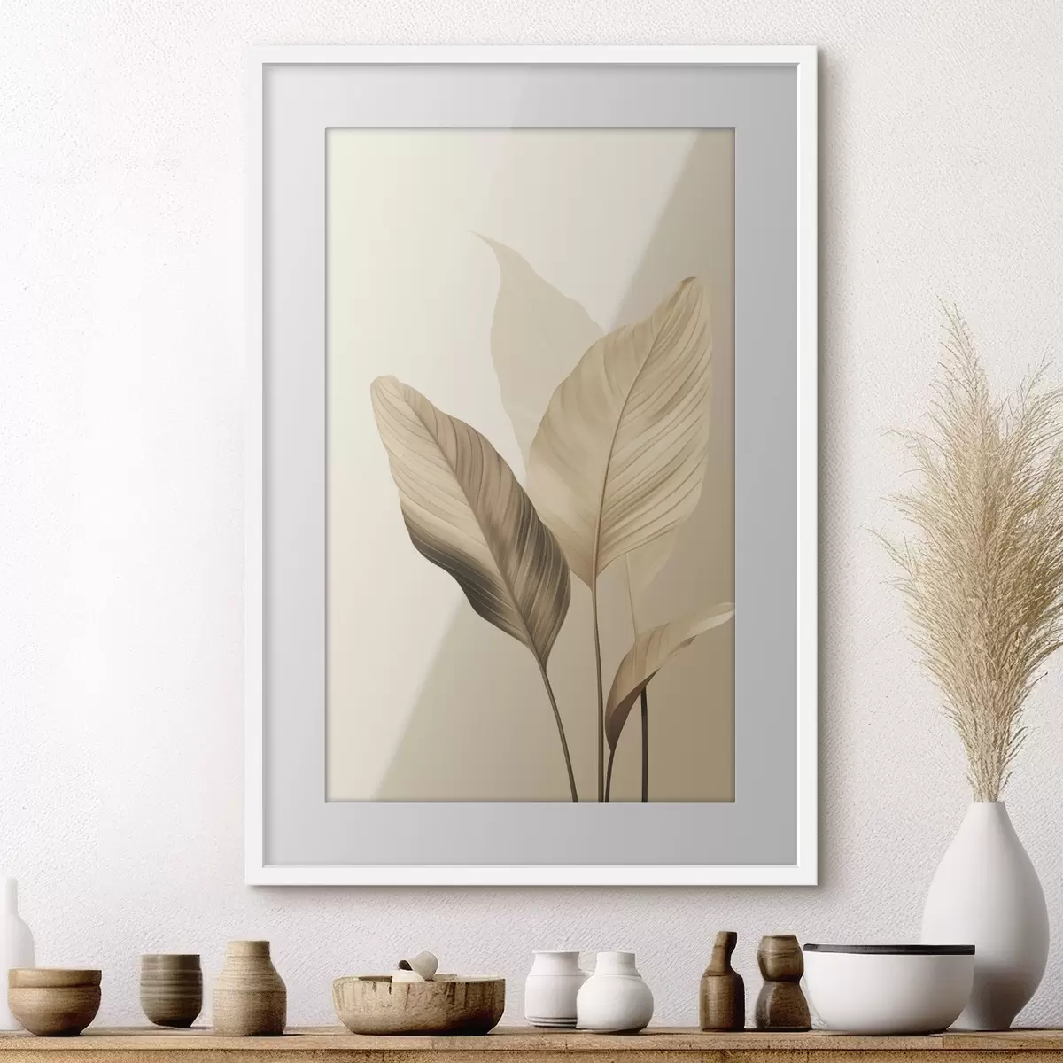 Poster Hojas tropicales grandes en tonos beige y marrón, sobre un fondo claro f48726