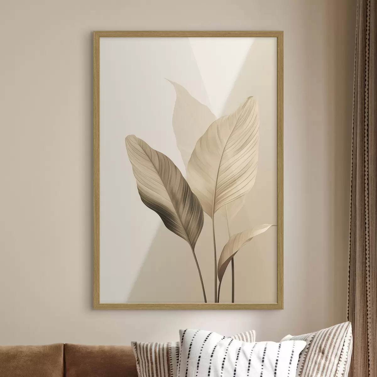 Poster Hojas tropicales grandes en tonos beige y marrón, sobre un fondo claro f48726