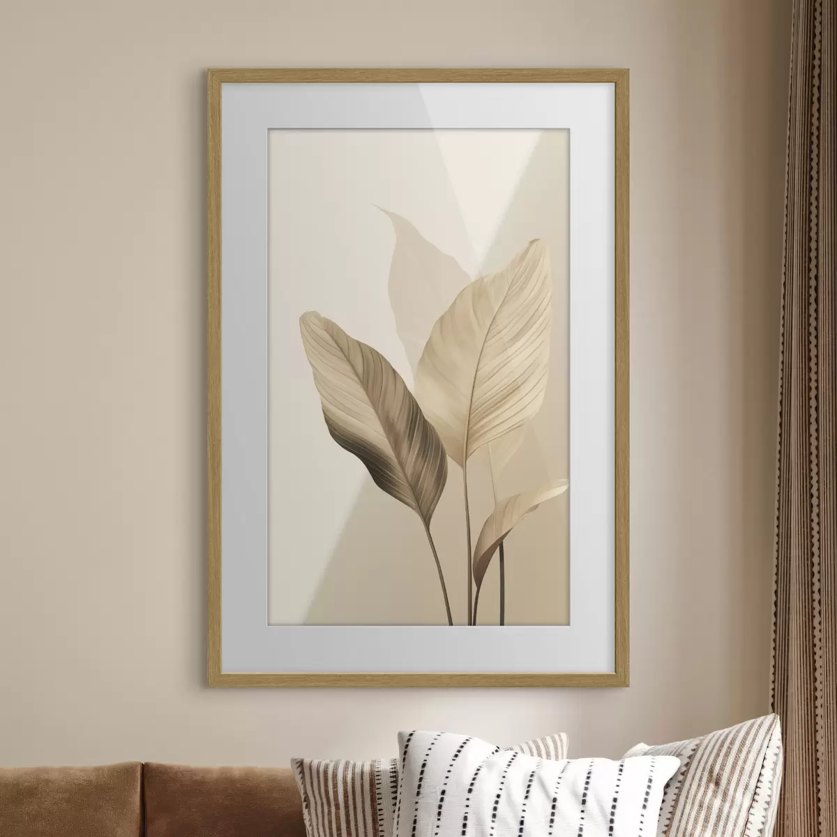 Poster Hojas tropicales grandes en tonos beige y marrón, sobre un fondo claro f48726